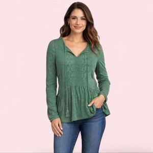 Boho Peasant Tunic Top Forest Green Floral Embroidery Tassel XS